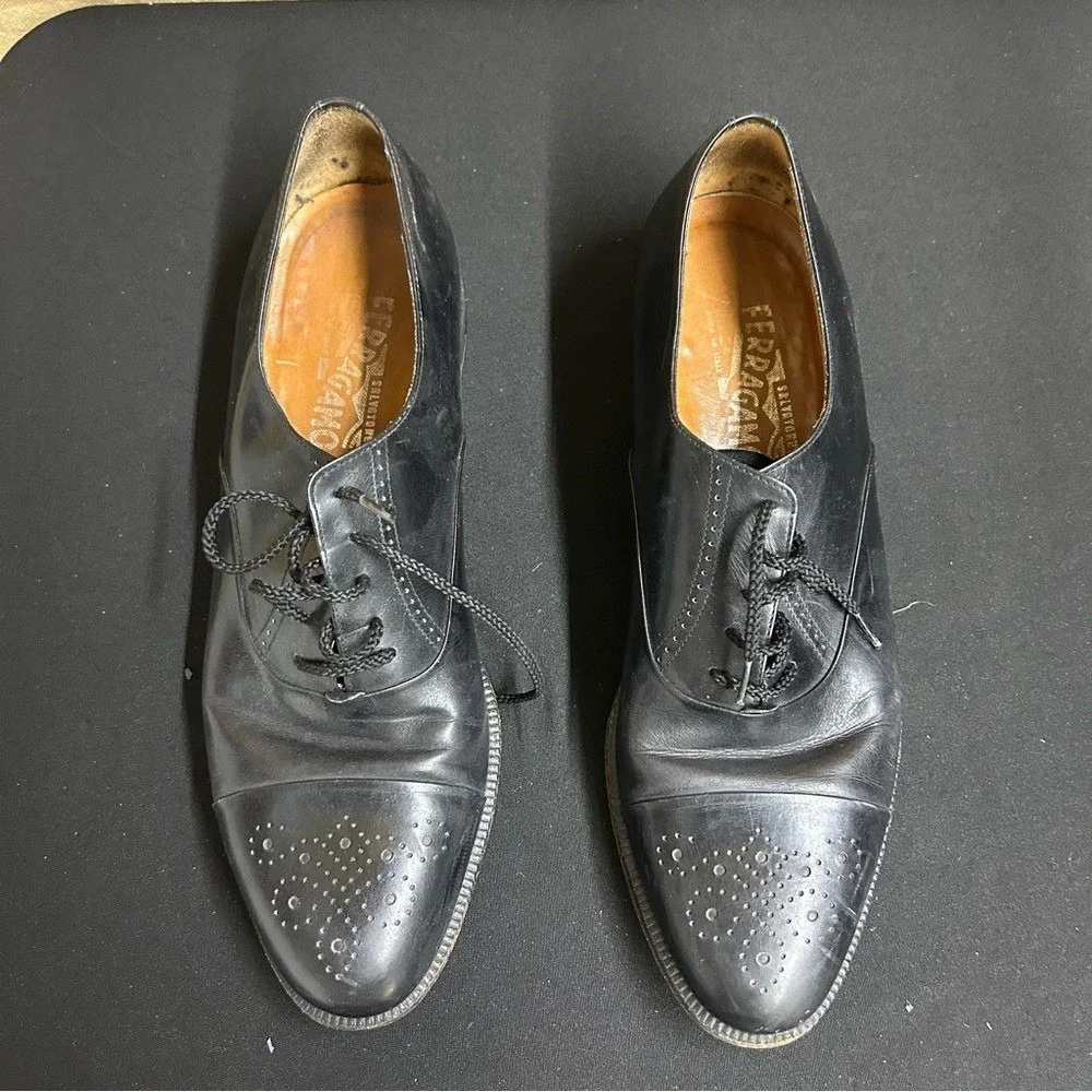 Salvatore Ferragamo Shoes Men 10.5 Black Cap-Toe Oxford Leather Vtg Professional